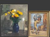 un tableau représentant un homme tenant un bouquet de fleurs, à côté d'une photo d'un homme