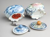 three pieces of blue and white porcelain teapots with spoons and saucer