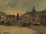 painting of a painting of a city square with a clock tower in the background