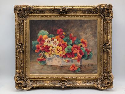 an image of a painting of flowers in a vase on a table