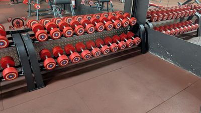 rows of red dumbs sit in a gym with rows of machines