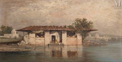 tableau représentant une maison au bord d'un lac, avec un bateau dans l'eau
