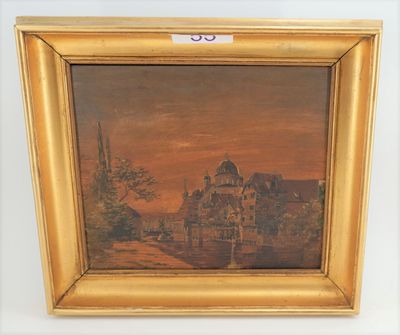 une peinture à l'huile représentant un coucher de soleil avec une église en arrière-plan