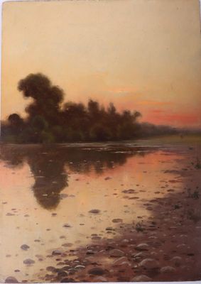 an image of a painting of a sunset over a body of water