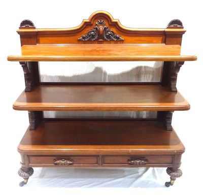 a wooden shelf with three shelves on top of it