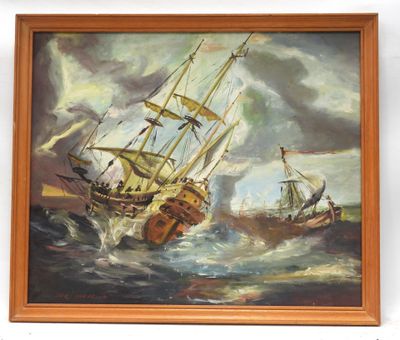 une peinture à l'huile représentant deux navires en mer, avec le ciel en arrière-plan