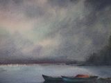 a painting of a boat on the water with a sky in the background