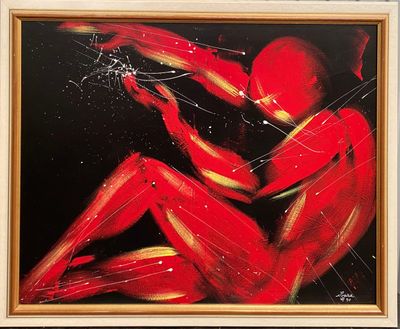 painting of a red man with a broken glass in his hand
