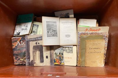 many books on the shelf in the brown case