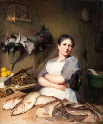 tableau représentant une femme assise à une table, avec des poissons devant elle