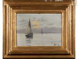 an oil painting of a sailboat in a body of water under a cloudy sky
