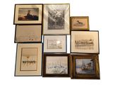 a lot of framed pictures on the wall of this room