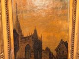 painting of a church with a horse drawn carriage in front of it