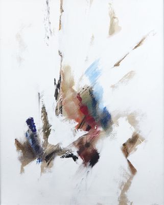 peinture abstraite représentant un oiseau perché sur une branche, sur fond blanc