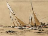 drawing of three sailboats in the ocean with flags flying above them