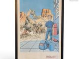 tableau représentant un homme debout devant une montagne, une valise à la main