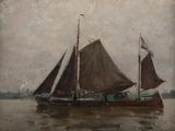 a painting of a boat on the water with a sky background