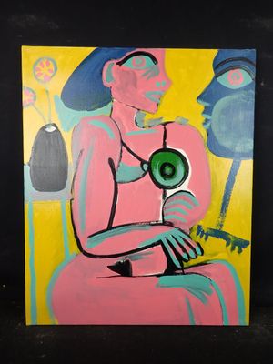 tableau représentant une femme assise sur une chaise devant un miroir