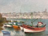 three boats that are sitting in the water by the shore