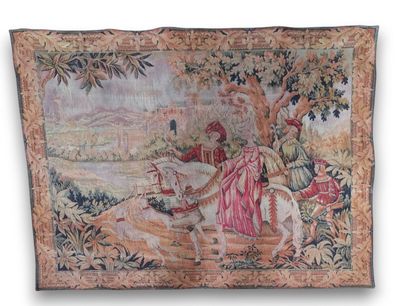 an image of a tapestry with a man and a woman riding on a horse