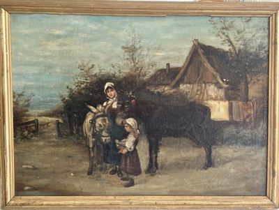 un tableau représentant une femme et un enfant avec une vache