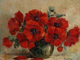 une peinture de fleurs rouges dans un vase sur une table