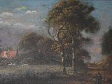 a painting of a farm scene with a red house in the distance