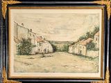 painting of a street in a village with houses in the background