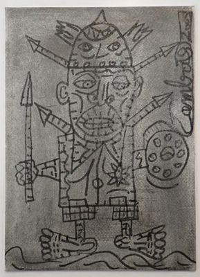 une image représentant un dessin d'un homme tenant un couteau et une horloge