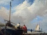 a painting of a boat on the beach with people on it