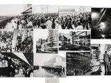 several black and white photos of a large crowd of people