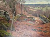 a painting of a dirt road in the woods