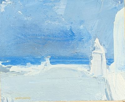 un tableau représentant un phare sur la plage, au bord de l'eau