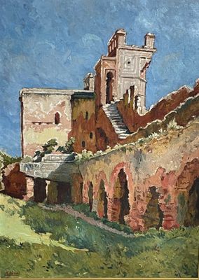 un tableau représentant un château sur une colline, avec un ciel bleu en arrière-plan