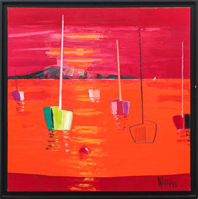 an oil painting of boats floating in the water at sunset