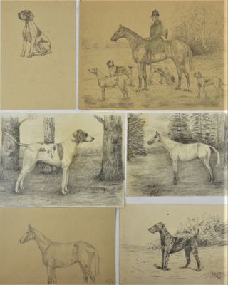 several drawings of horses and dogs in a field with a man sitting on a horse
