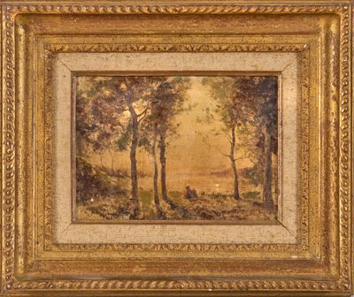 un tableau représentant un paysage avec des arbres et une personne assise par terre