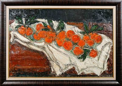 painting of oranges in a bowl on a table with a cloth