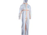 a white and orange coverall with a hood on it