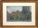painting of a city scene with a church in the distance and trees in the foreground