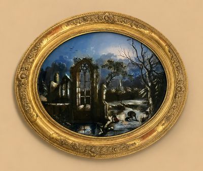 une image d'un tableau représentant un paysage dans un cadre doré