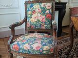 un fauteuil dont l'assise est recouverte d'un tissu à motifs floraux, dans un salon