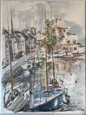 a painting of boats in a harbor with buildings in the background