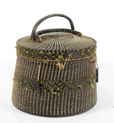 a close up of a basket with a handle on a white background