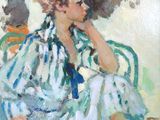 tableau représentant une femme en robe bleue avec un oiseau sur l'épaule