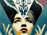a poster of a woman with a scales on her head