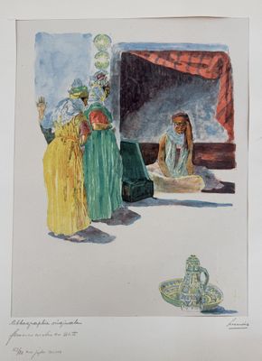 an image of a painting of a man and a woman sitting in front of a stage