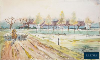 une aquarelle représentant une calèche tirée par des chevaux sur la route