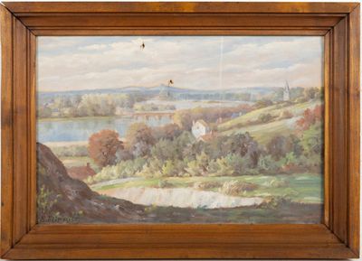 l'image d'un tableau représentant un paysage avec une rivière au premier plan