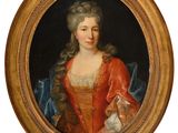 an oval portrait of a woman in a red dress holding a cat